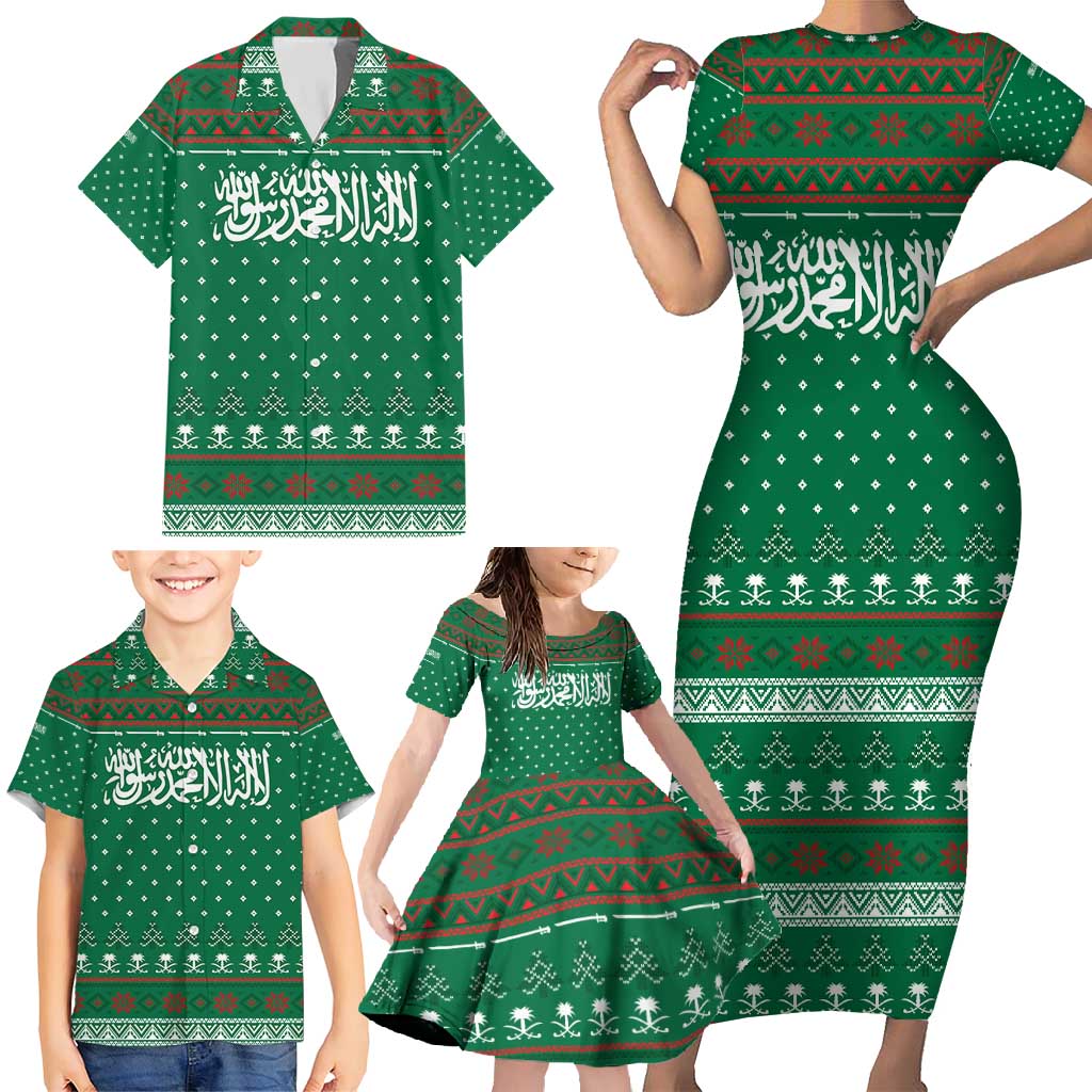 Saudi Arabia Christmas Family Matching Short Sleeve Bodycon Dress and Hawaiian Shirt with Green Pattern, Traditional Script Motif, and Camel Caravan Silhouette - Wonder Print Shop