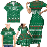 Saudi Arabia Christmas Family Matching Short Sleeve Bodycon Dress and Hawaiian Shirt with Green Pattern, Traditional Script Motif, and Camel Caravan Silhouette - Wonder Print Shop