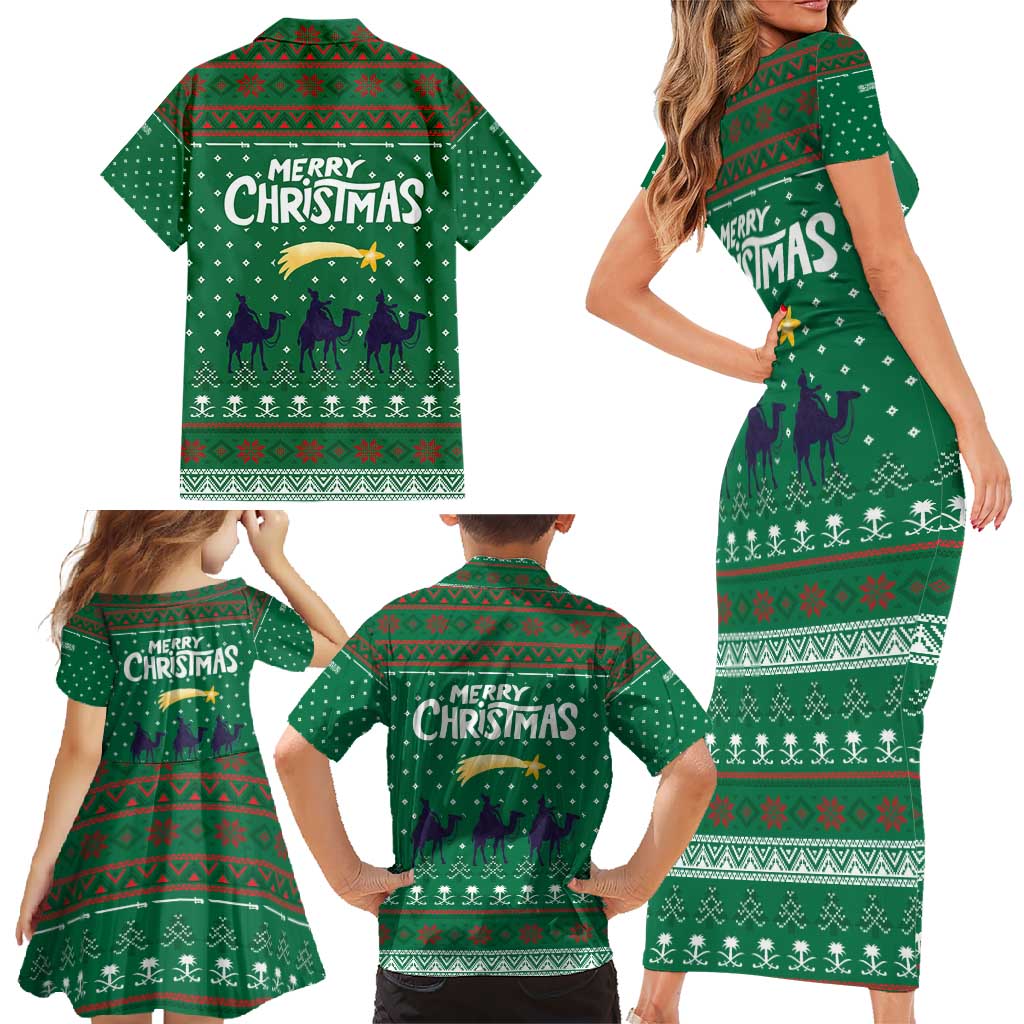 Saudi Arabia Christmas Family Matching Short Sleeve Bodycon Dress and Hawaiian Shirt with Green Pattern, Traditional Script Motif, and Camel Caravan Silhouette - Wonder Print Shop