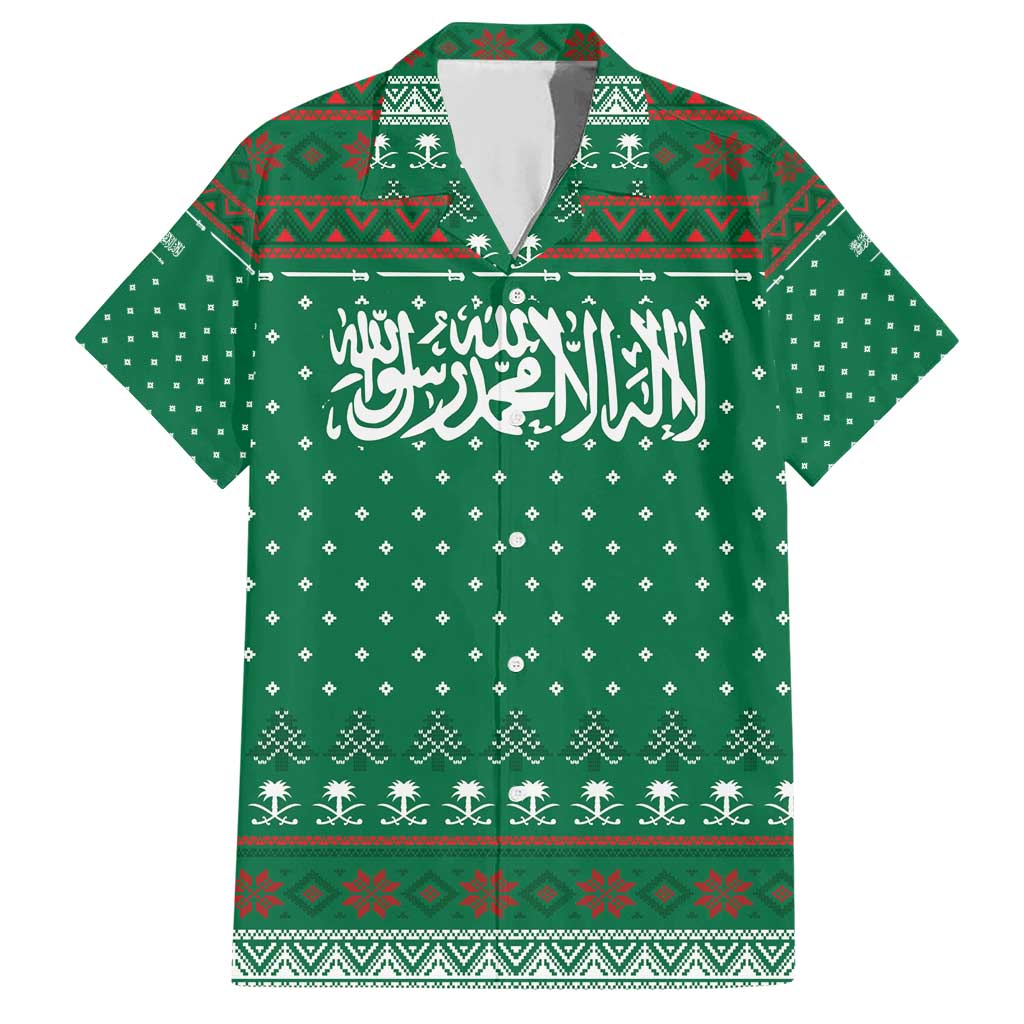 Saudi Arabia Christmas Family Matching Short Sleeve Bodycon Dress and Hawaiian Shirt with Green Pattern, Traditional Script Motif, and Camel Caravan Silhouette - Wonder Print Shop