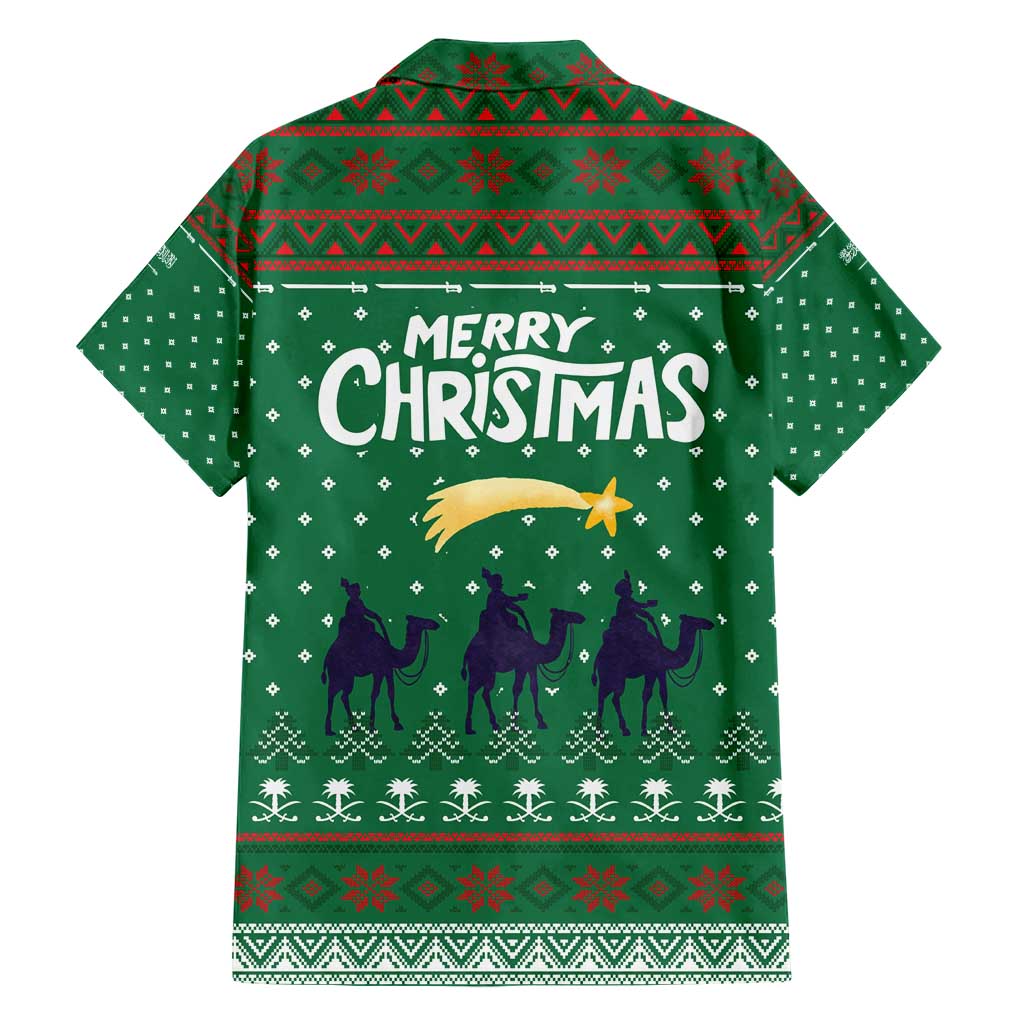 Saudi Arabia Christmas Family Matching Short Sleeve Bodycon Dress and Hawaiian Shirt with Green Pattern, Traditional Script Motif, and Camel Caravan Silhouette - Wonder Print Shop