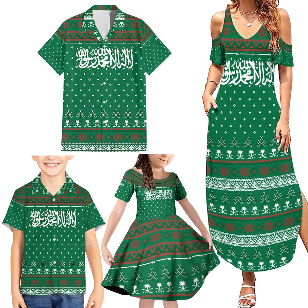 Saudi Arabia Christmas Family Matching Summer Maxi Dress and Hawaiian Shirt with Green Pattern, Traditional Script Motif, and Camel Caravan Silhouette - Wonder Print Shop