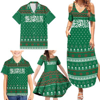 Saudi Arabia Christmas Family Matching Summer Maxi Dress and Hawaiian Shirt with Green Pattern, Traditional Script Motif, and Camel Caravan Silhouette - Wonder Print Shop