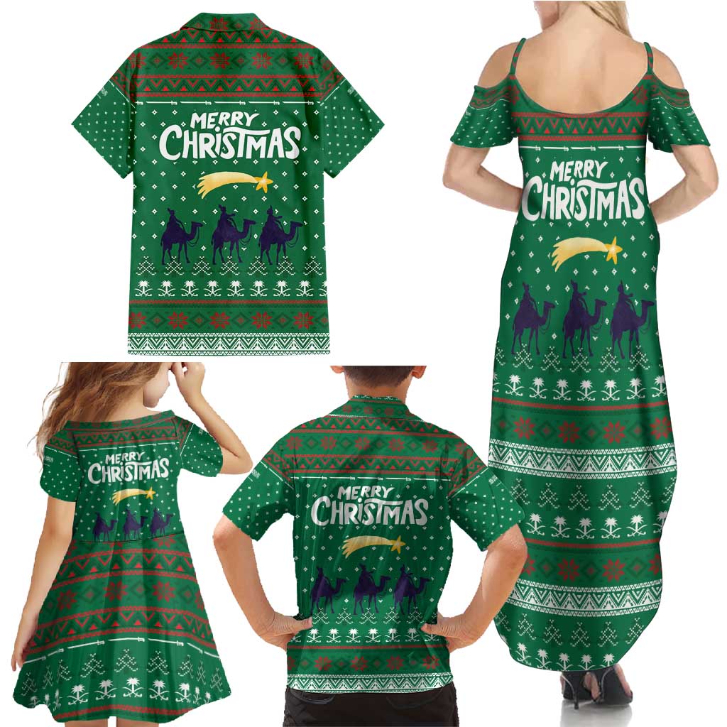 Saudi Arabia Christmas Family Matching Summer Maxi Dress and Hawaiian Shirt with Green Pattern, Traditional Script Motif, and Camel Caravan Silhouette - Wonder Print Shop