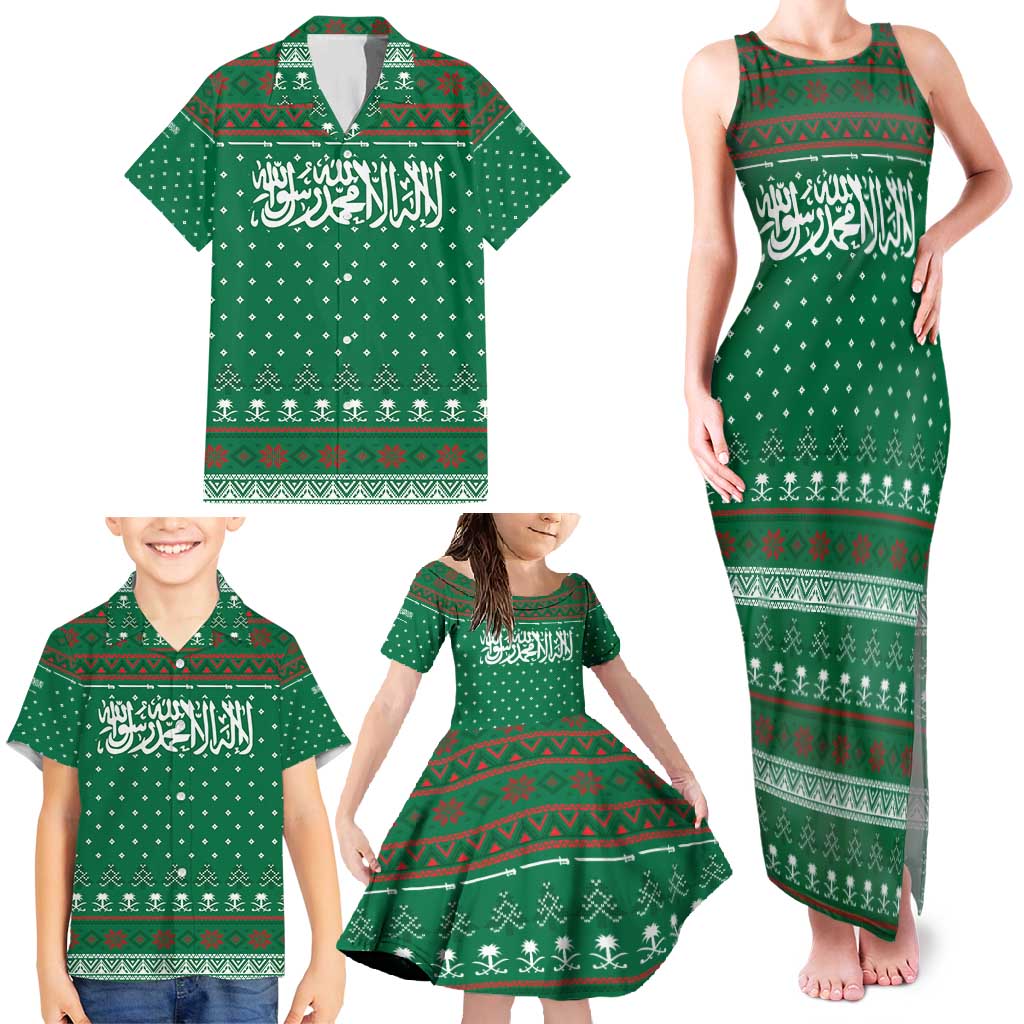 Saudi Arabia Christmas Family Matching Tank Maxi Dress and Hawaiian Shirt with Green Pattern, Traditional Script Motif, and Camel Caravan Silhouette - Wonder Print Shop