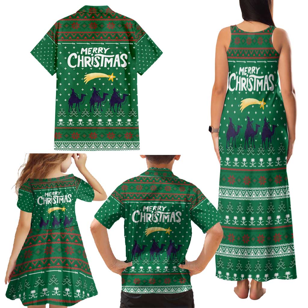 Saudi Arabia Christmas Family Matching Tank Maxi Dress and Hawaiian Shirt with Green Pattern, Traditional Script Motif, and Camel Caravan Silhouette - Wonder Print Shop
