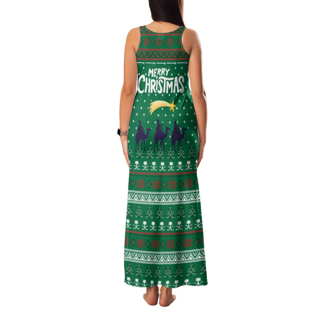 Saudi Arabia Christmas Family Matching Tank Maxi Dress and Hawaiian Shirt with Green Pattern, Traditional Script Motif, and Camel Caravan Silhouette - Wonder Print Shop