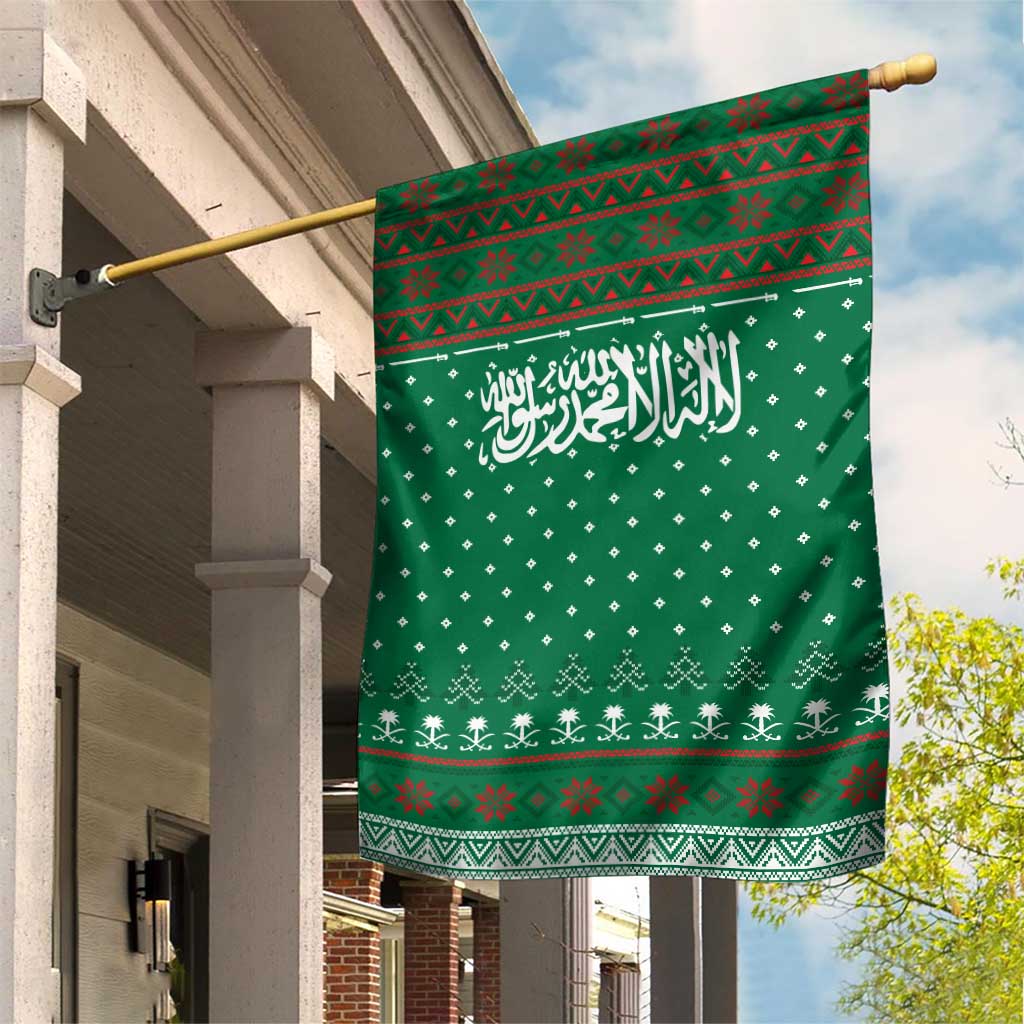 Saudi Arabia Christmas Garden Flag with Green Pattern, Traditional Script Motif, and Camel Caravan Silhouette - Wonder Print Shop