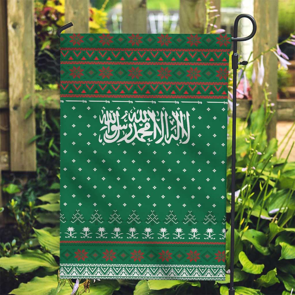 Saudi Arabia Christmas Garden Flag with Green Pattern, Traditional Script Motif, and Camel Caravan Silhouette - Wonder Print Shop