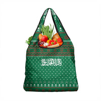 Saudi Arabia Christmas Grocery Bag with Green Pattern, Traditional Script Motif, and Camel Caravan Silhouette - Wonder Print Shop