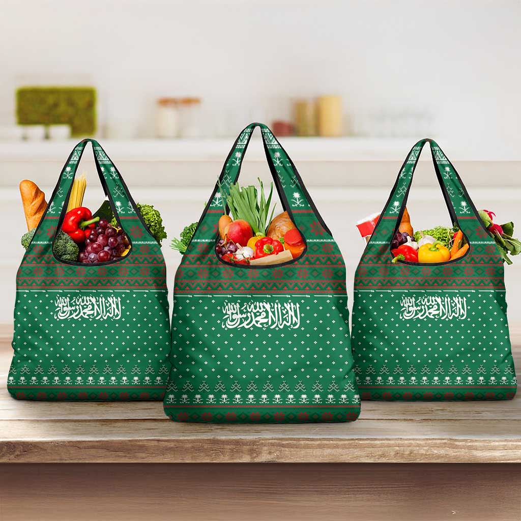 Saudi Arabia Christmas Grocery Bag with Green Pattern, Traditional Script Motif, and Camel Caravan Silhouette - Wonder Print Shop
