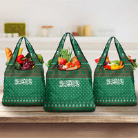 Saudi Arabia Christmas Grocery Bag with Green Pattern, Traditional Script Motif, and Camel Caravan Silhouette - Wonder Print Shop