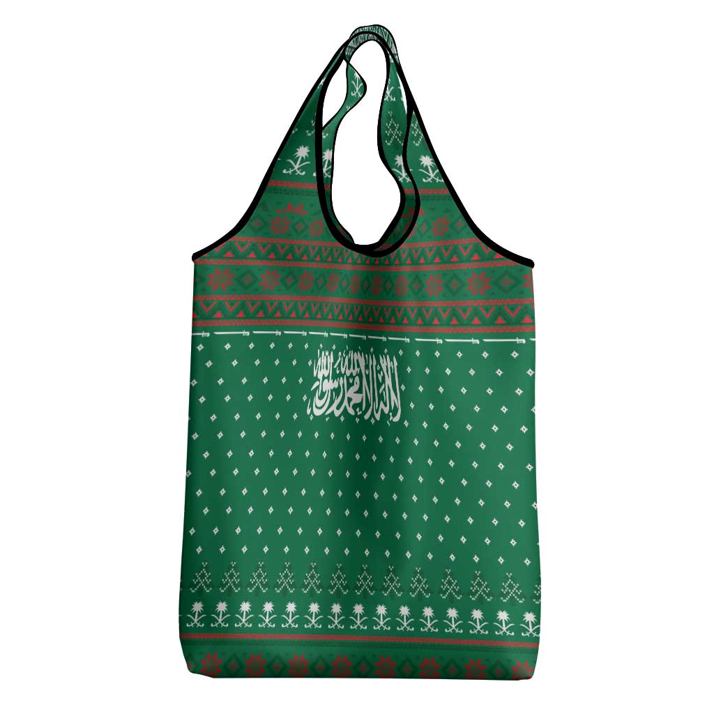 Saudi Arabia Christmas Grocery Bag with Green Pattern, Traditional Script Motif, and Camel Caravan Silhouette - Wonder Print Shop
