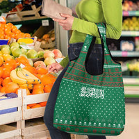 Saudi Arabia Christmas Grocery Bag with Green Pattern, Traditional Script Motif, and Camel Caravan Silhouette - Wonder Print Shop