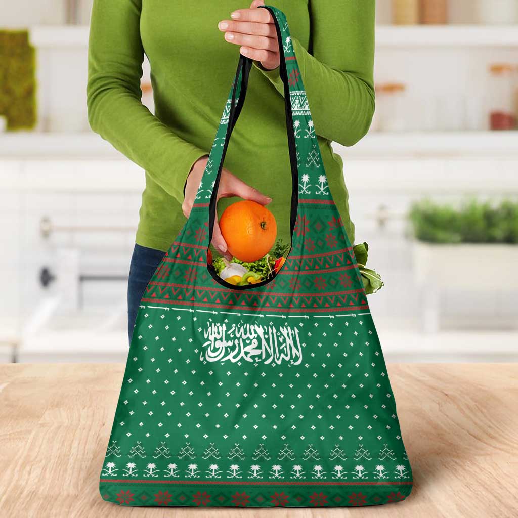 Saudi Arabia Christmas Grocery Bag with Green Pattern, Traditional Script Motif, and Camel Caravan Silhouette - Wonder Print Shop