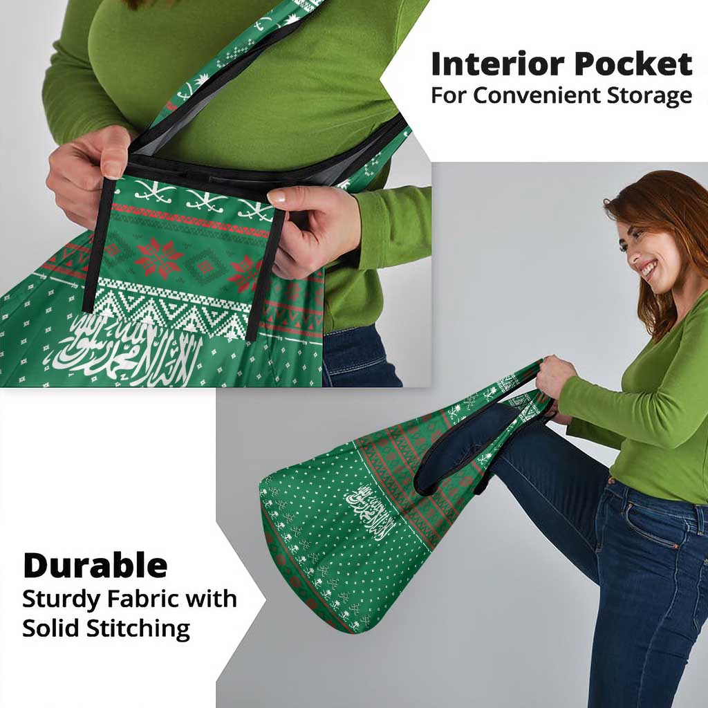 Saudi Arabia Christmas Grocery Bag with Green Pattern, Traditional Script Motif, and Camel Caravan Silhouette - Wonder Print Shop