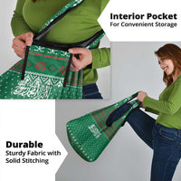 Saudi Arabia Christmas Grocery Bag with Green Pattern, Traditional Script Motif, and Camel Caravan Silhouette - Wonder Print Shop