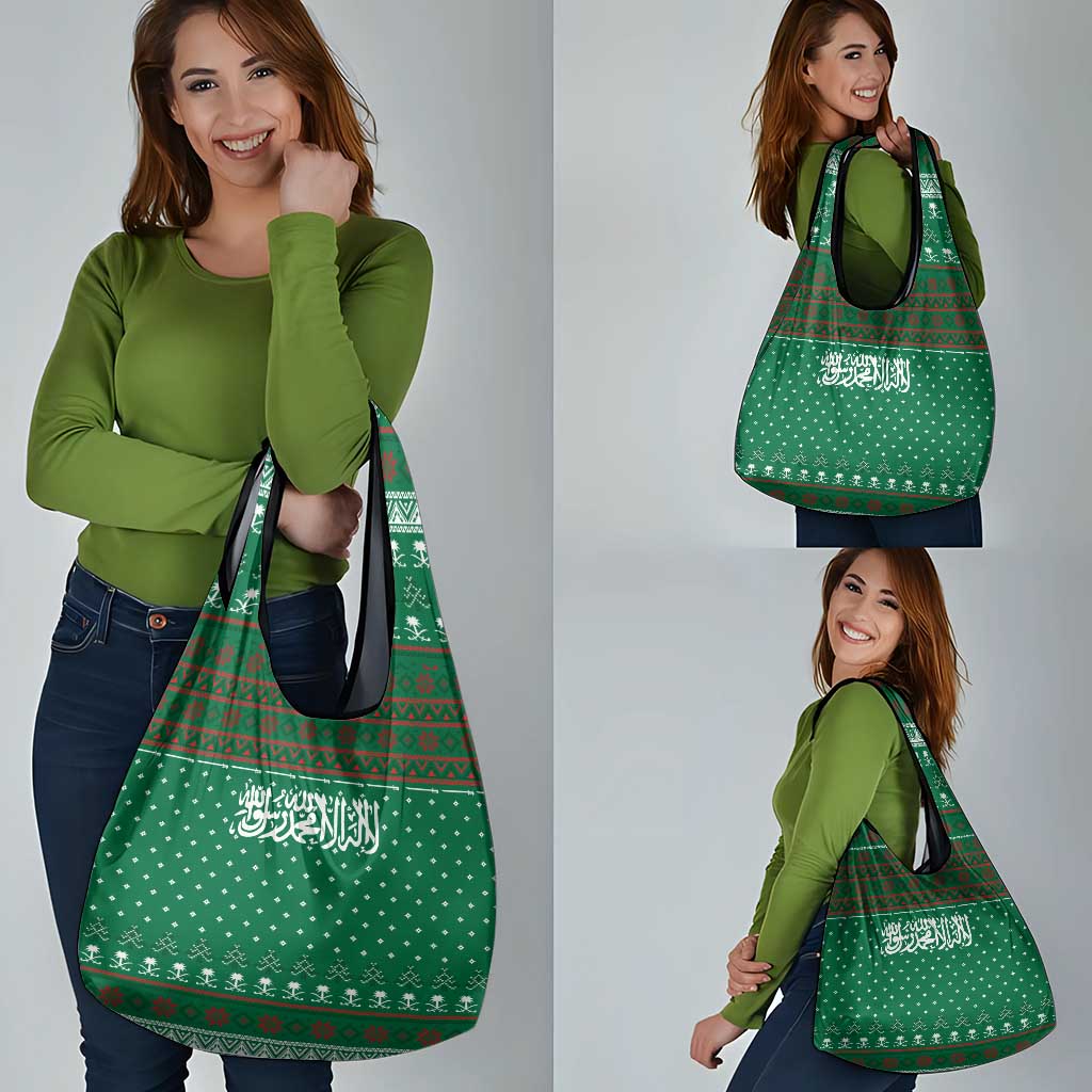 Saudi Arabia Christmas Grocery Bag with Green Pattern, Traditional Script Motif, and Camel Caravan Silhouette - Wonder Print Shop