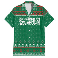 Saudi Arabia Christmas Hawaiian Shirt with Green Pattern, Traditional Script Motif, and Camel Caravan Silhouette - Wonder Print Shop