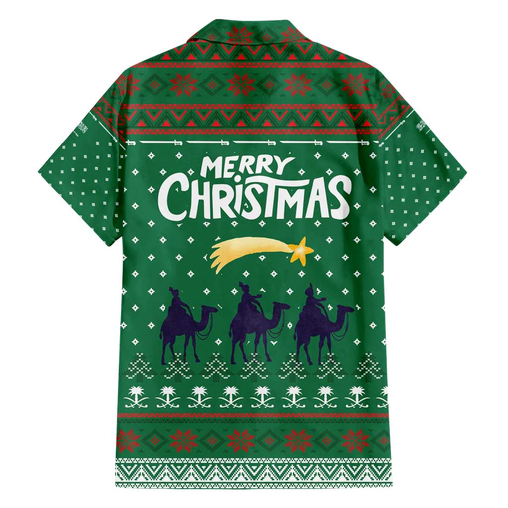 Saudi Arabia Christmas Hawaiian Shirt with Green Pattern, Traditional Script Motif, and Camel Caravan Silhouette - Wonder Print Shop