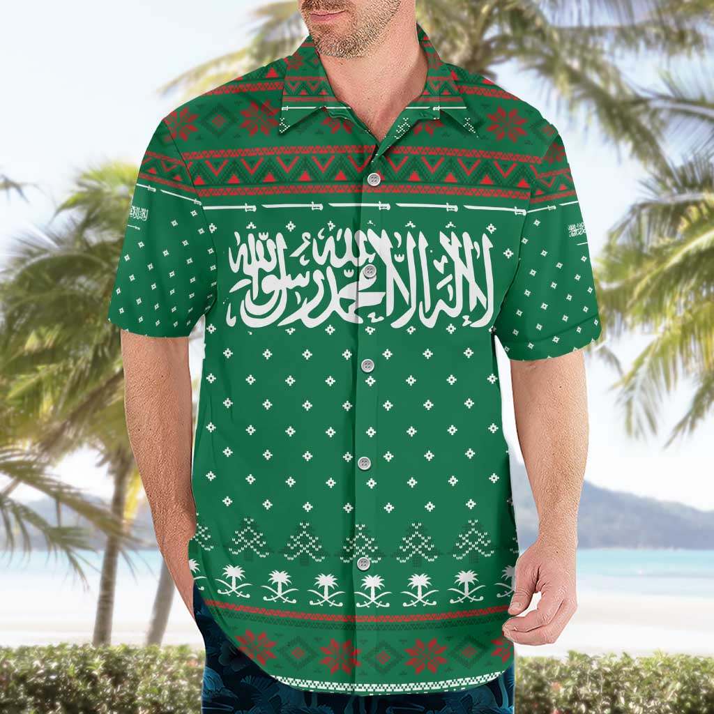 Saudi Arabia Christmas Hawaiian Shirt with Green Pattern, Traditional Script Motif, and Camel Caravan Silhouette - Wonder Print Shop