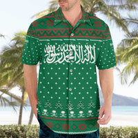 Saudi Arabia Christmas Hawaiian Shirt with Green Pattern, Traditional Script Motif, and Camel Caravan Silhouette - Wonder Print Shop
