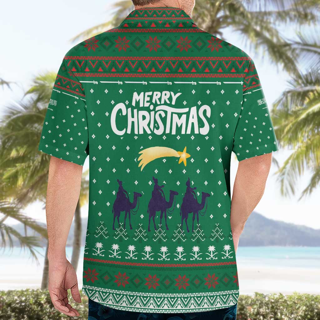 Saudi Arabia Christmas Hawaiian Shirt with Green Pattern, Traditional Script Motif, and Camel Caravan Silhouette - Wonder Print Shop