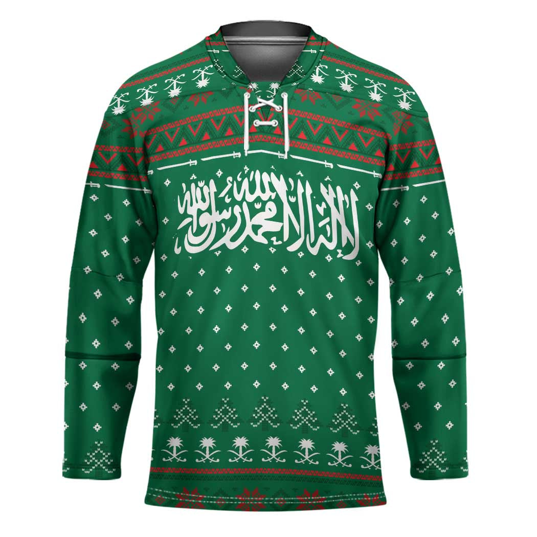 Saudi Arabia Christmas Hockey Jersey with Green Pattern, Traditional Script Motif, and Camel Caravan Silhouette - Wonder Print Shop