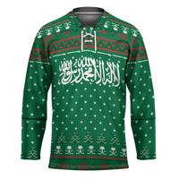 Saudi Arabia Christmas Hockey Jersey with Green Pattern, Traditional Script Motif, and Camel Caravan Silhouette - Wonder Print Shop