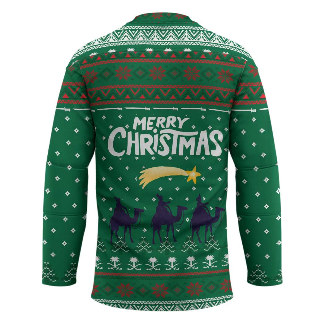 Saudi Arabia Christmas Hockey Jersey with Green Pattern, Traditional Script Motif, and Camel Caravan Silhouette - Wonder Print Shop