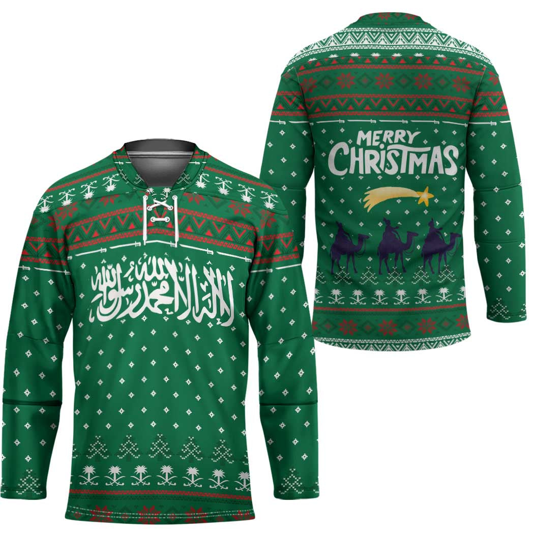 Saudi Arabia Christmas Hockey Jersey with Green Pattern, Traditional Script Motif, and Camel Caravan Silhouette - Wonder Print Shop