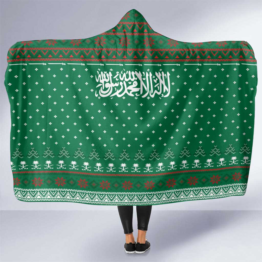 Saudi Arabia Christmas Hooded Blanket with Green Pattern, Traditional Script Motif, and Camel Caravan Silhouette - Wonder Print Shop