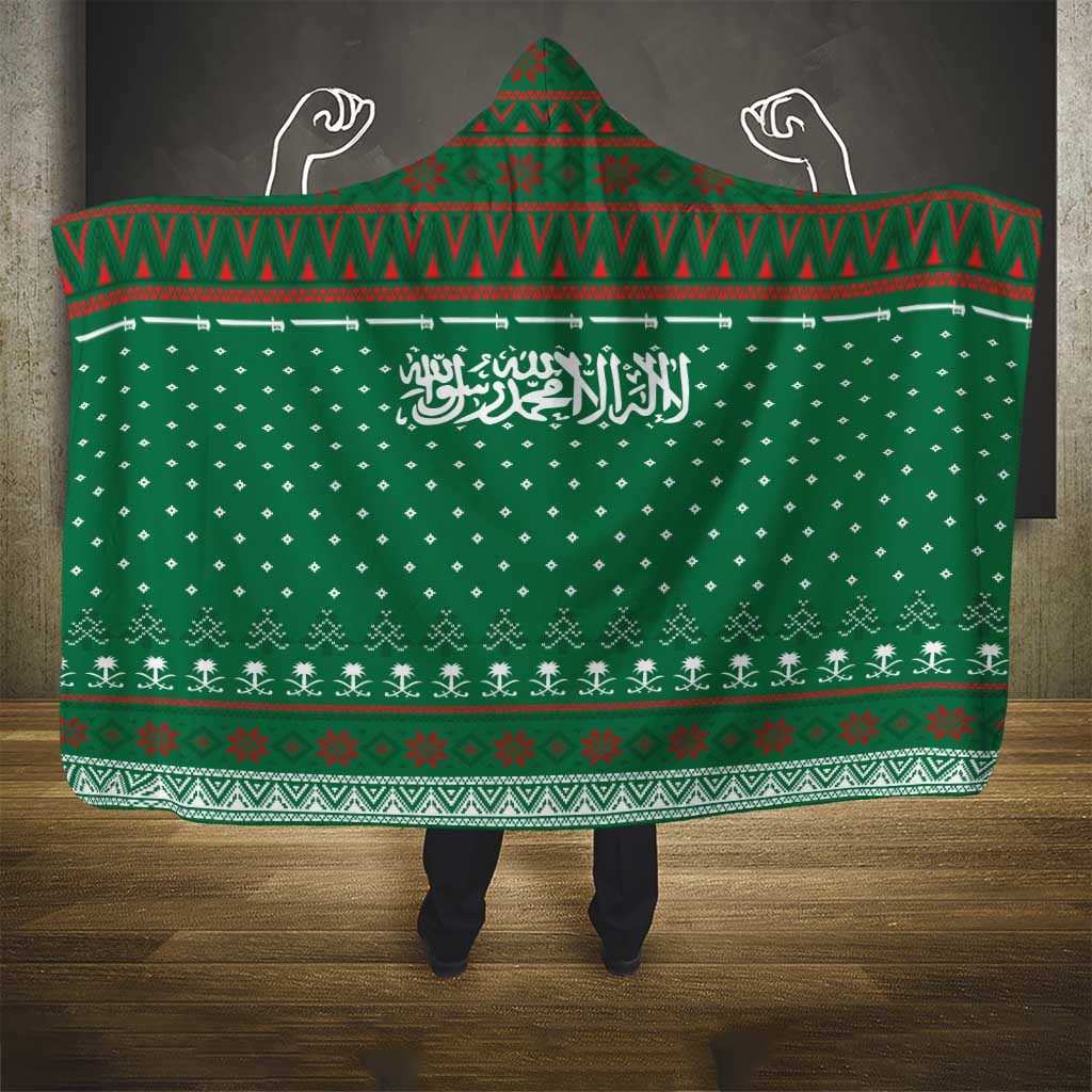 Saudi Arabia Christmas Hooded Blanket with Green Pattern, Traditional Script Motif, and Camel Caravan Silhouette - Wonder Print Shop