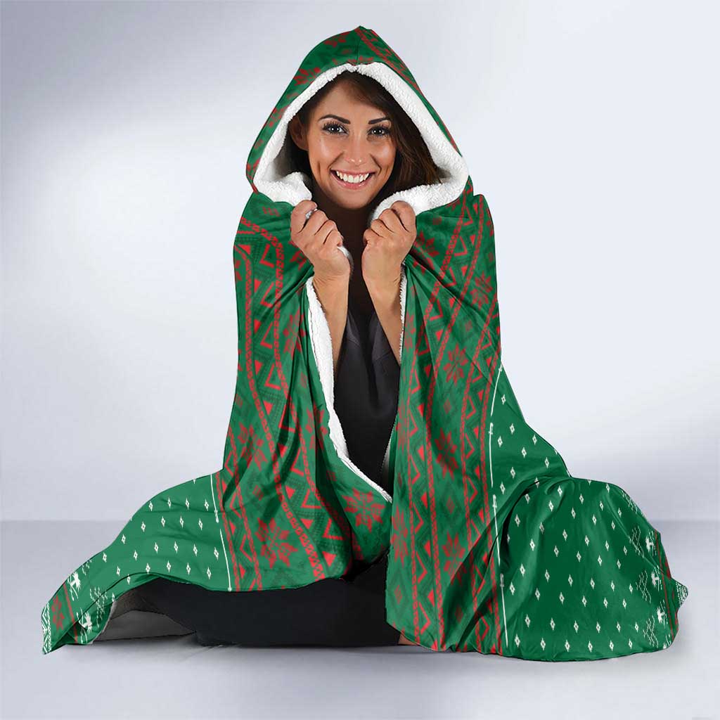 Saudi Arabia Christmas Hooded Blanket with Green Pattern, Traditional Script Motif, and Camel Caravan Silhouette - Wonder Print Shop