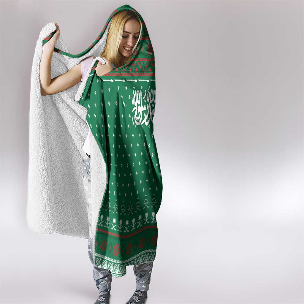 Saudi Arabia Christmas Hooded Blanket with Green Pattern, Traditional Script Motif, and Camel Caravan Silhouette - Wonder Print Shop