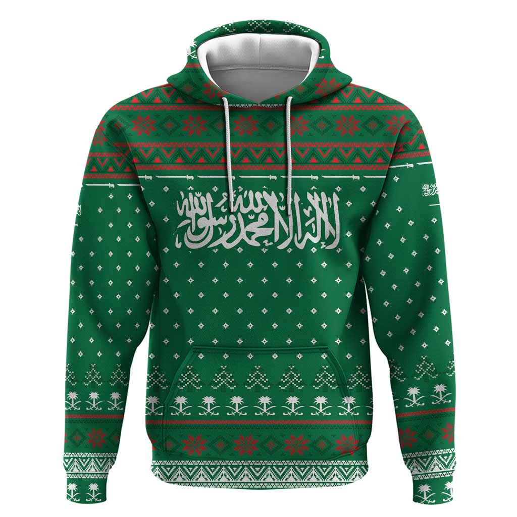 Saudi Arabia Christmas Hoodie with Green Pattern, Traditional Script Motif, and Camel Caravan Silhouette - Wonder Print Shop