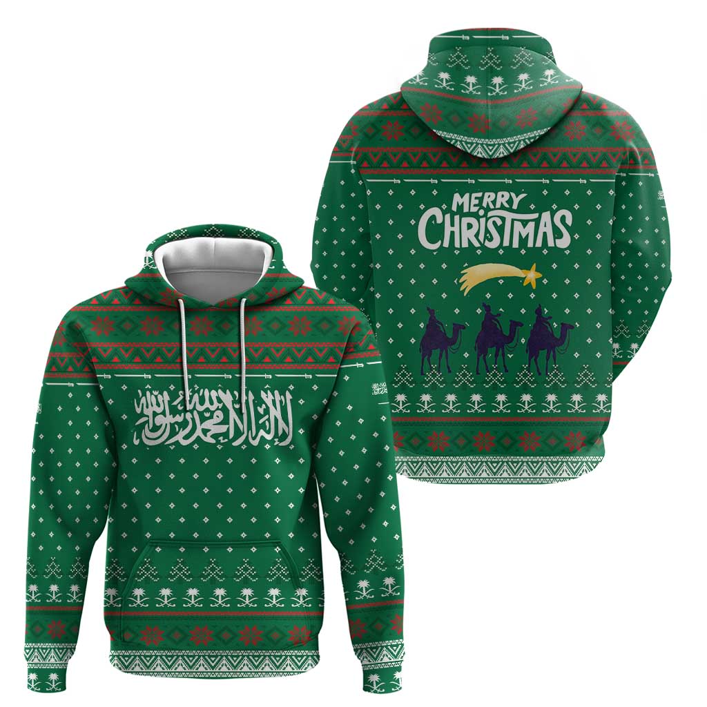 Saudi Arabia Christmas Hoodie with Green Pattern, Traditional Script Motif, and Camel Caravan Silhouette - Wonder Print Shop
