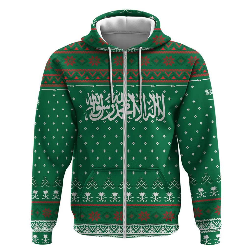 Saudi Arabia Christmas Hoodie with Green Pattern, Traditional Script Motif, and Camel Caravan Silhouette - Wonder Print Shop