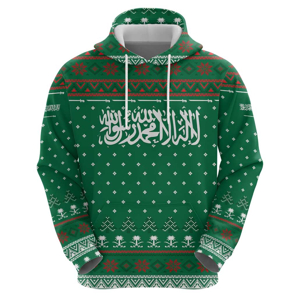 Saudi Arabia Christmas Hoodie with Green Pattern, Traditional Script Motif, and Camel Caravan Silhouette - Wonder Print Shop