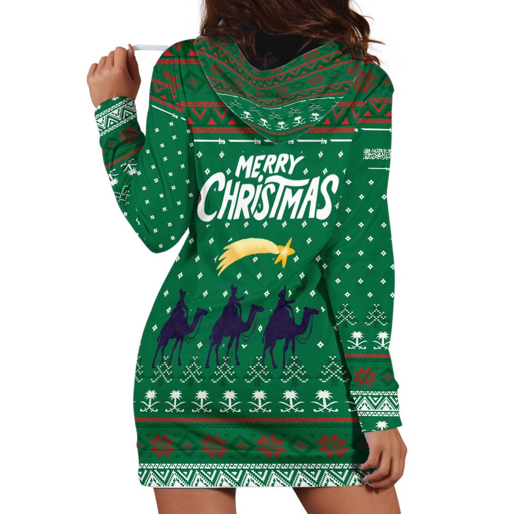 Saudi Arabia Christmas Hoodie Dress with Green Pattern, Traditional Script Motif, and Camel Caravan Silhouette - Wonder Print Shop
