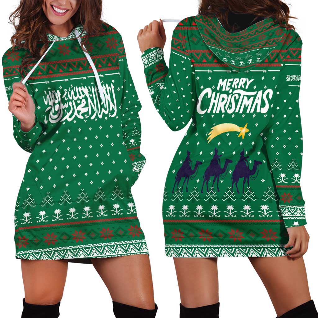 Saudi Arabia Christmas Hoodie Dress with Green Pattern, Traditional Script Motif, and Camel Caravan Silhouette - Wonder Print Shop