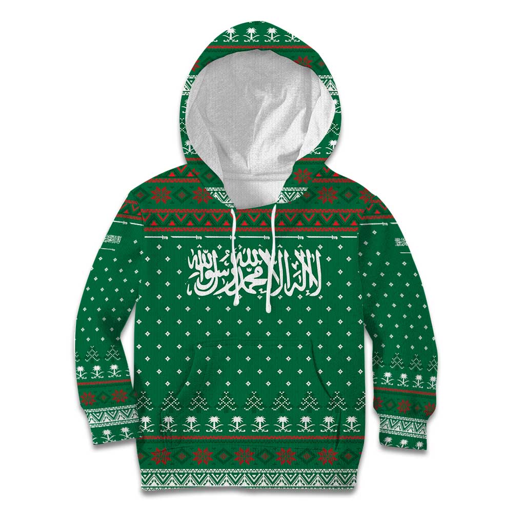 Saudi Arabia Christmas Kid Hoodie with Green Pattern, Traditional Script Motif, and Camel Caravan Silhouette - Wonder Print Shop