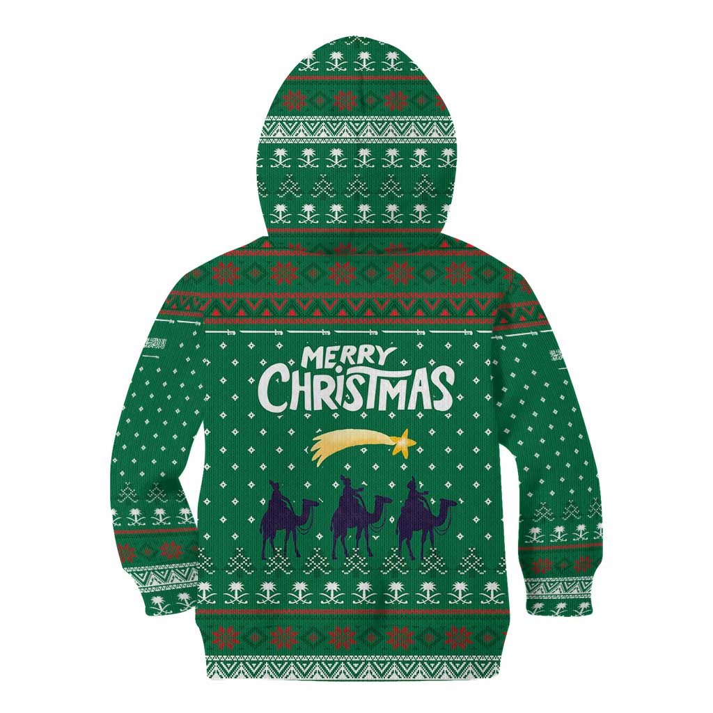 Saudi Arabia Christmas Kid Hoodie with Green Pattern, Traditional Script Motif, and Camel Caravan Silhouette - Wonder Print Shop