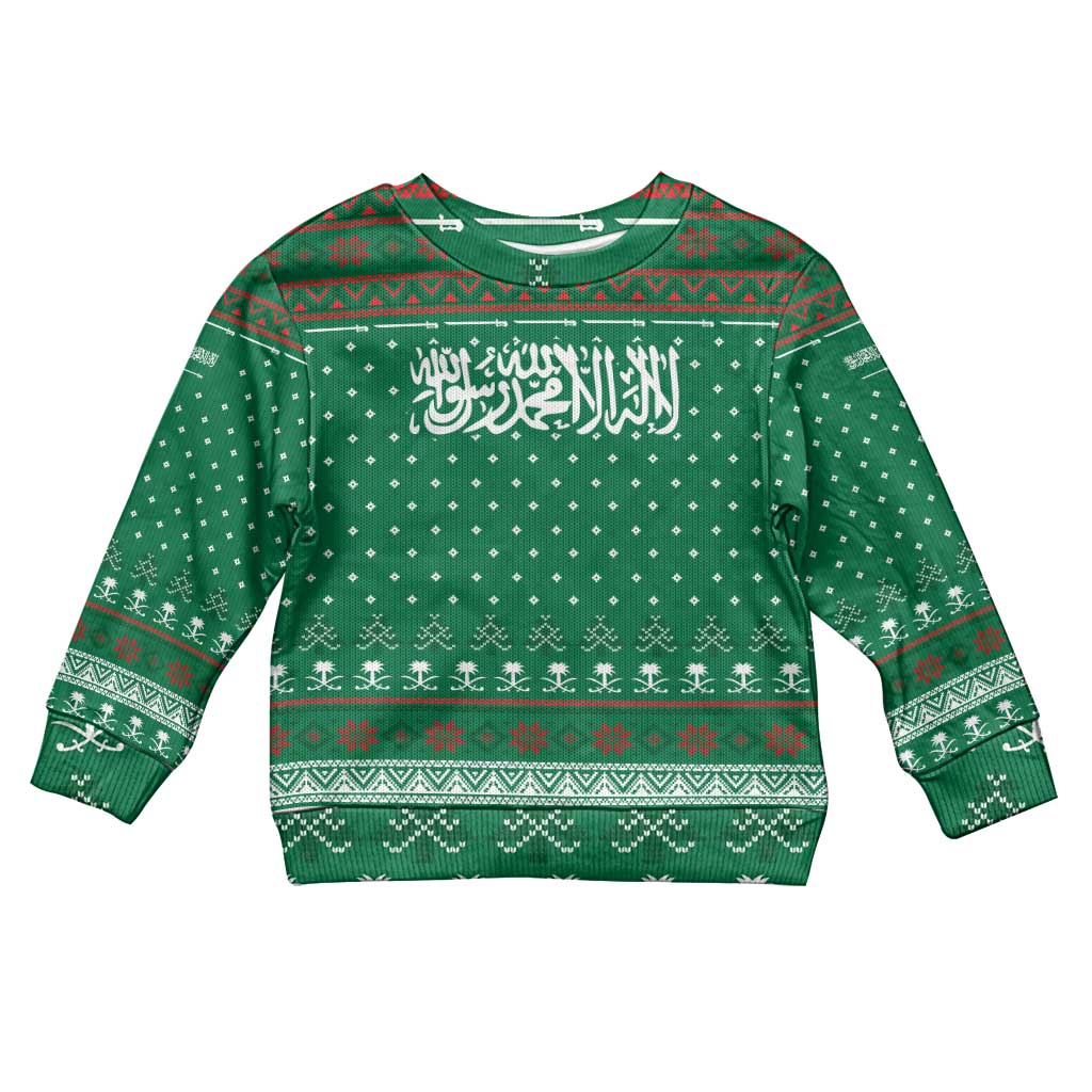 Saudi Arabia Christmas Kid Ugly Christmas Sweater with Green Pattern, Traditional Script Motif, and Camel Caravan Silhouette - Wonder Print Shop