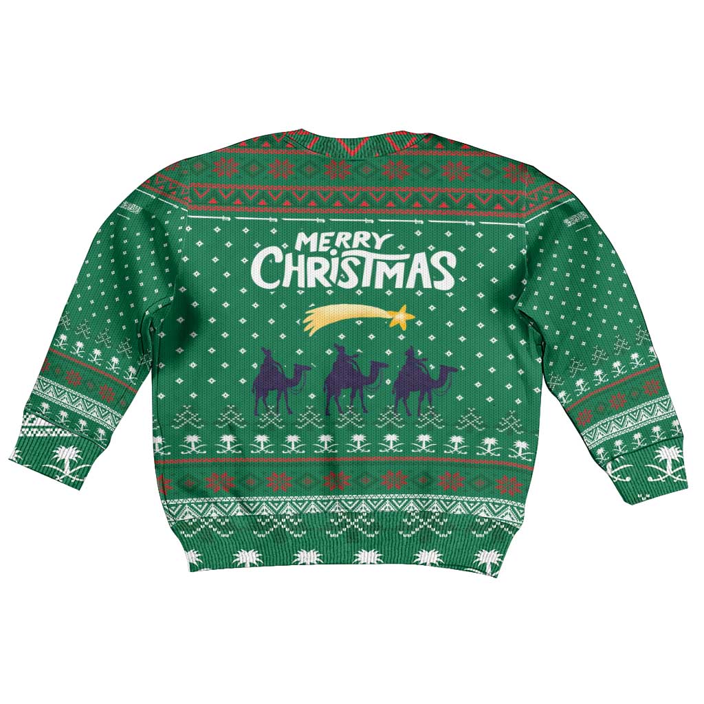 Saudi Arabia Christmas Kid Ugly Christmas Sweater with Green Pattern, Traditional Script Motif, and Camel Caravan Silhouette - Wonder Print Shop