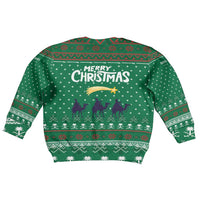 Saudi Arabia Christmas Kid Ugly Christmas Sweater with Green Pattern, Traditional Script Motif, and Camel Caravan Silhouette - Wonder Print Shop