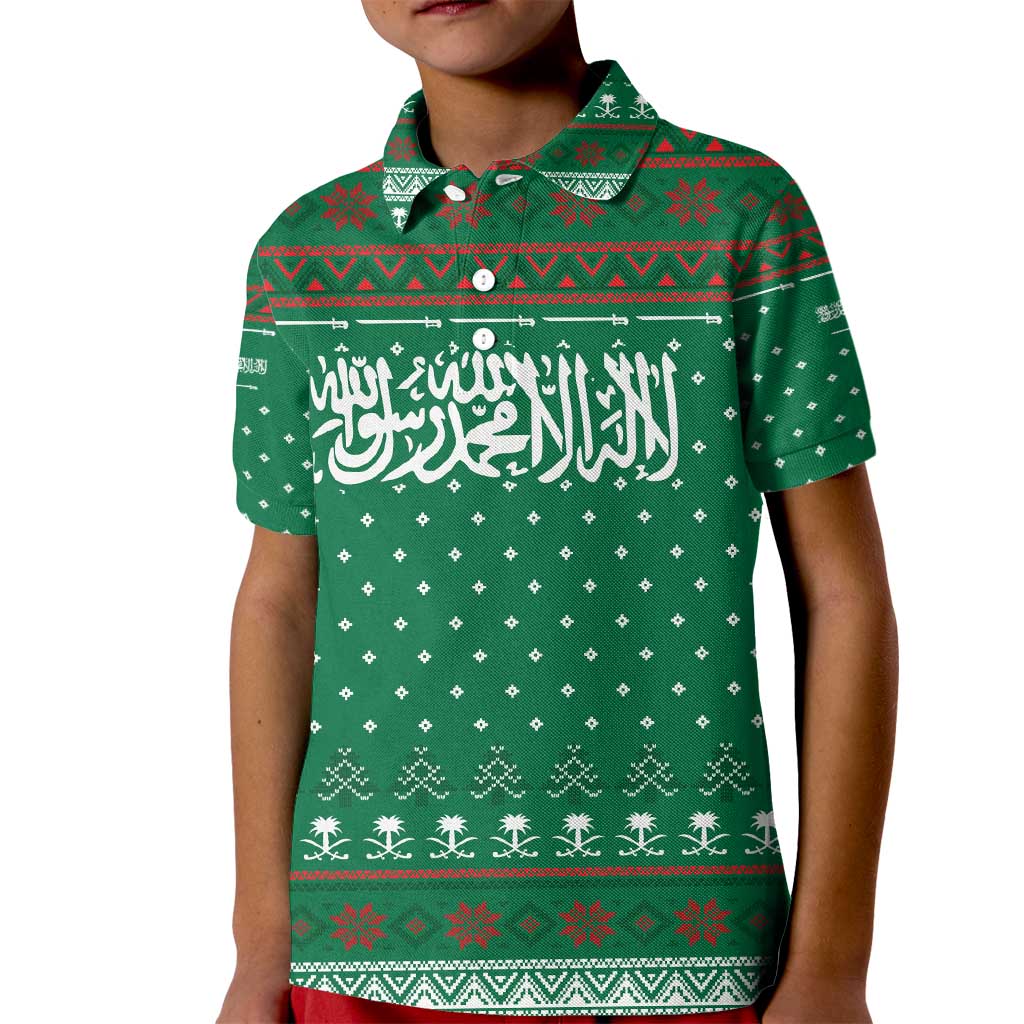 Saudi Arabia Christmas Kid Polo Shirt with Green Pattern, Traditional Script Motif, and Camel Caravan Silhouette - Wonder Print Shop