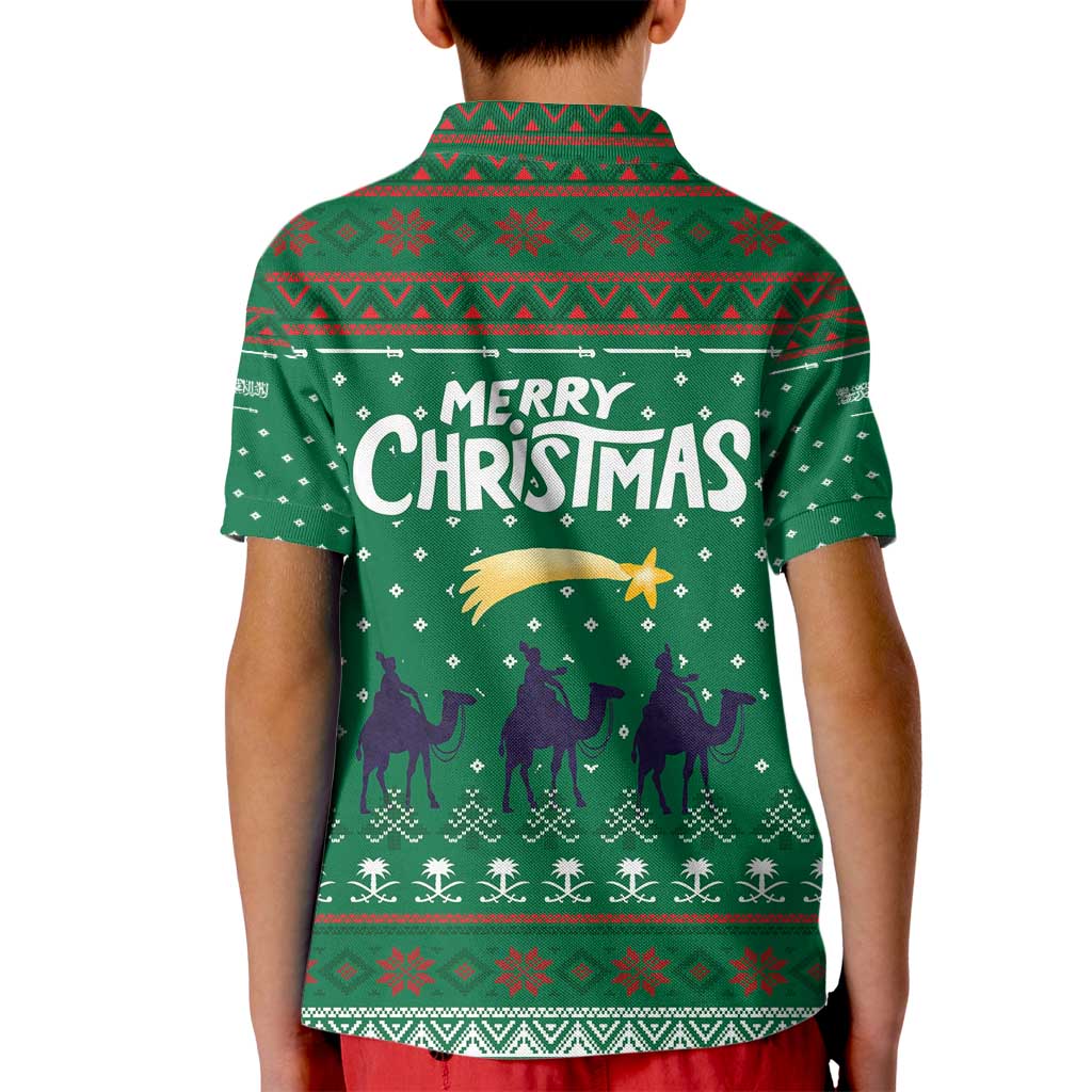 Saudi Arabia Christmas Kid Polo Shirt with Green Pattern, Traditional Script Motif, and Camel Caravan Silhouette - Wonder Print Shop