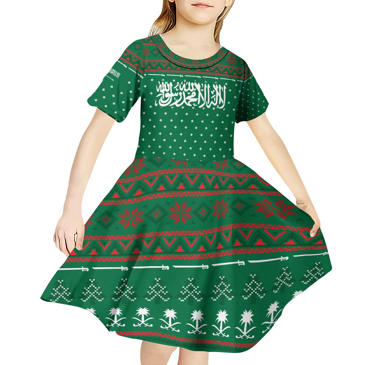 Saudi Arabia Christmas Kid Short Sleeve Dress with Green Pattern, Traditional Script Motif, and Camel Caravan Silhouette - Wonder Print Shop