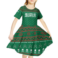 Saudi Arabia Christmas Kid Short Sleeve Dress with Green Pattern, Traditional Script Motif, and Camel Caravan Silhouette - Wonder Print Shop